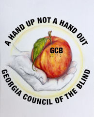 An open hand gently cradles a Georgia peach. In the center of the peach, black bold uppercase letters and braille letters GCB. Text circling the peach reads A hand up not a handout. Georgia Council of the Blind